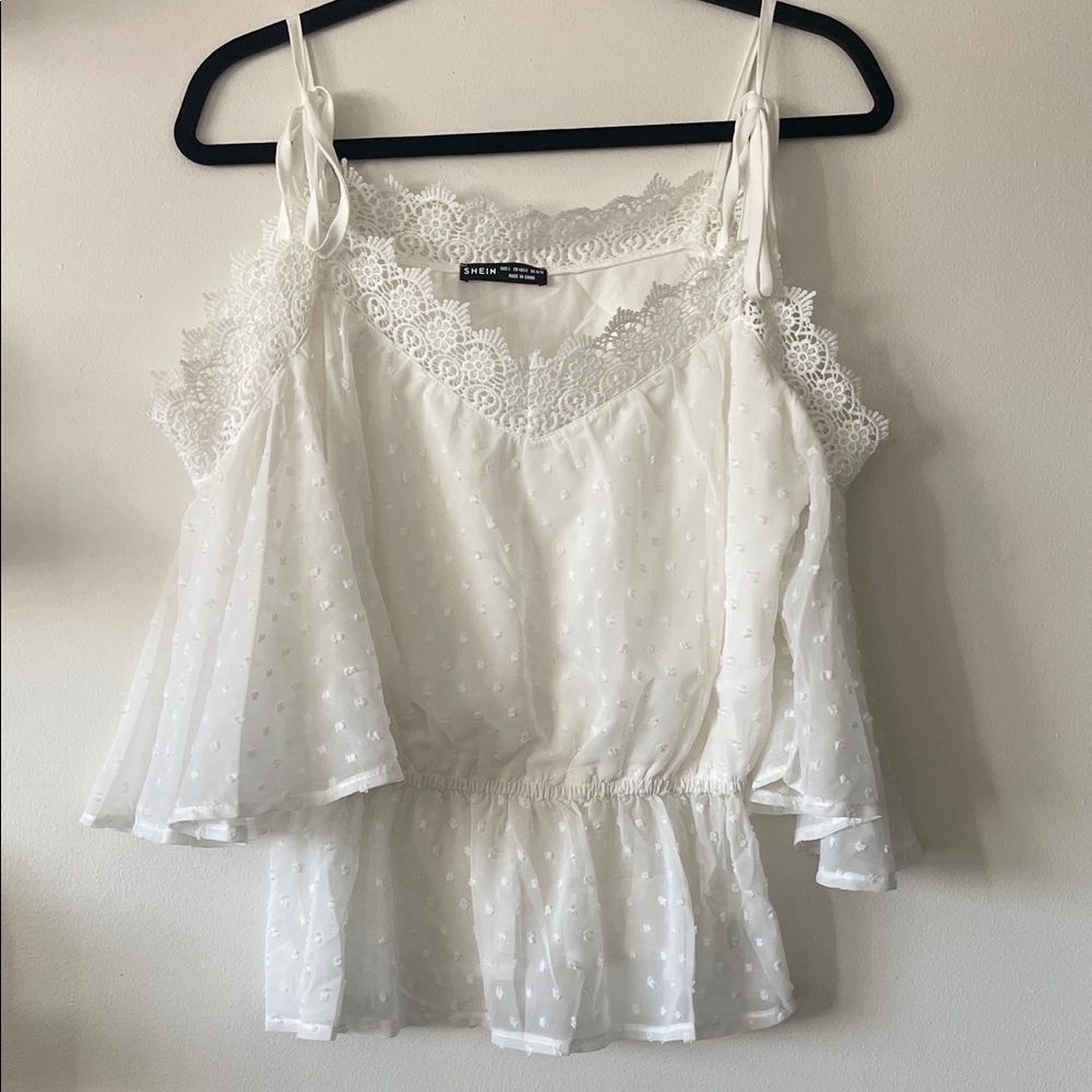 Shein|White Lace off shoulder Cold Shoulder Swiss Dot Blouse|Large|NWOT